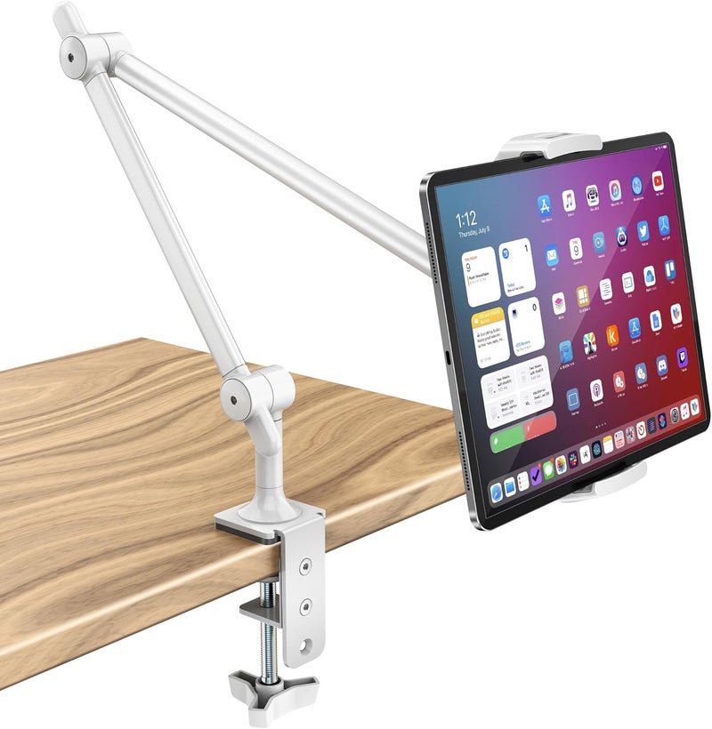 AboveTEK Tablet Stand Holder for Desk & Bed, Aluminum iPad Holder Arm with 360° Rotating Clamp, Adjustable Phone Stand Compatible with 4.7"-13.5" iPad Pro/Air/Mini, iPhone, Galaxy Tab- White - Image 1